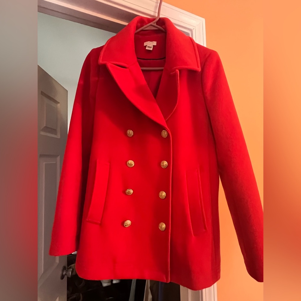 J. Crew Scarlet Pea Coat with Brass Buttons